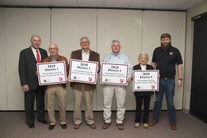 Five farmers receive the Outstanding Georgia Peanut Farmer of the Year award during the Georgia Peanut Farm Show and Conference held Jan. 18, 2018, in Tifton, Ga. Pictured left to right: Armond Morris, Georgia Peanut Commission chairman from Tifton; District 1 –  Ike Newberry, Arlington; District 2 – Chip Dorminy, Fitzgerald; District 3 – Charles Smith Jr., Wadley; District 4 – James ‘Roy’ Malone Sr. (not pictured), Dexter; District 5 – Marvin (not  pictured) and Dania DeVane, Cuthbert; and Matt Cato with Agri Supply. 